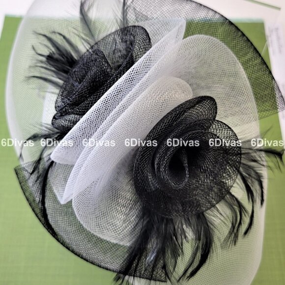 BLACK and White Headband Fascinator with Rosettes and Feathers - Picture 5 of 13
